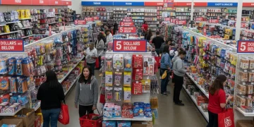 Five Below store interior showing shoppers focused on discounted novelty items