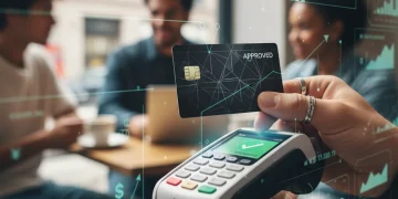 Gen Z consumer using a credit card for contactless payment, symbolizing the increase in credit usage.