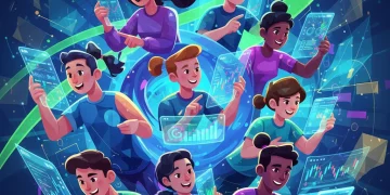 Illustration of Gen Z investors engaging with digital investment platforms and stock market charts