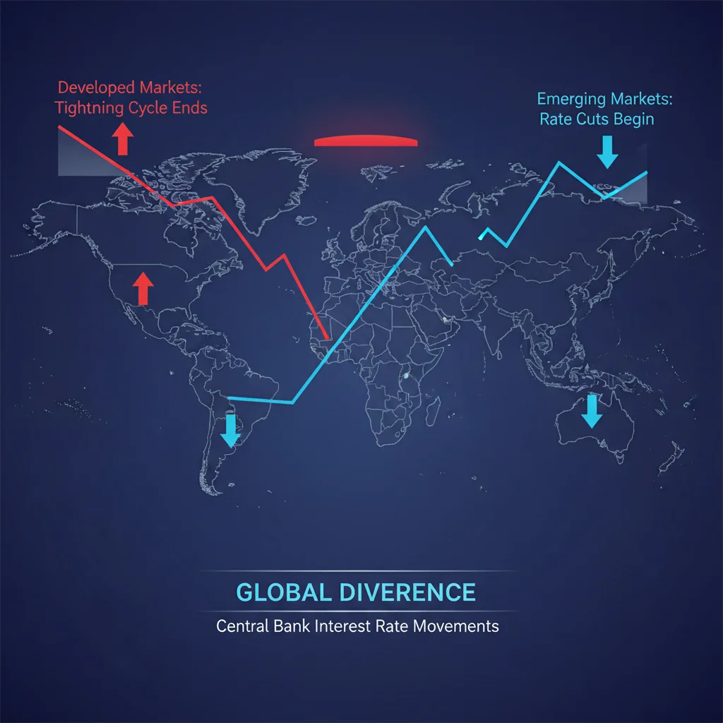 Global interest rate divergence showing EM central banks cutting rates faster than the Federal Reserve.