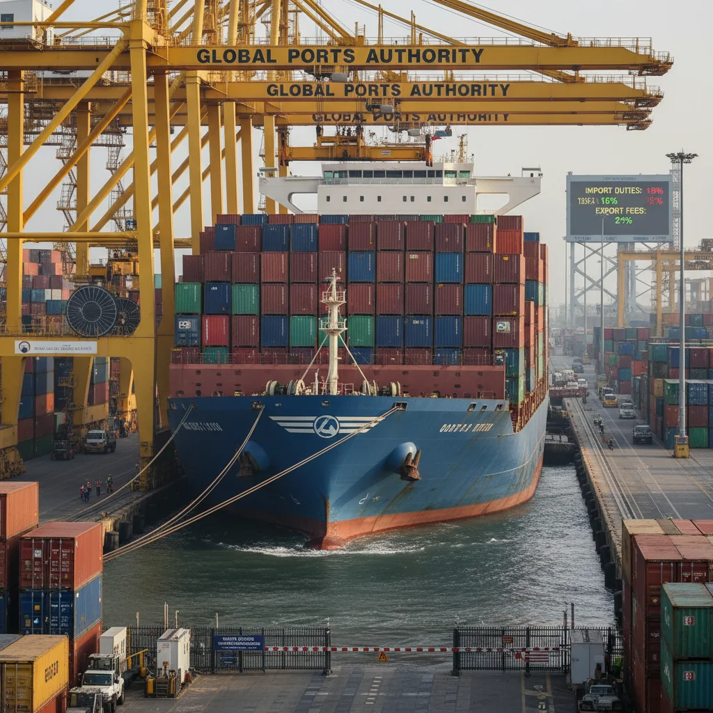 Container ship at a major US port, illustrating the physical movement of imported goods subject to new tariff structures.