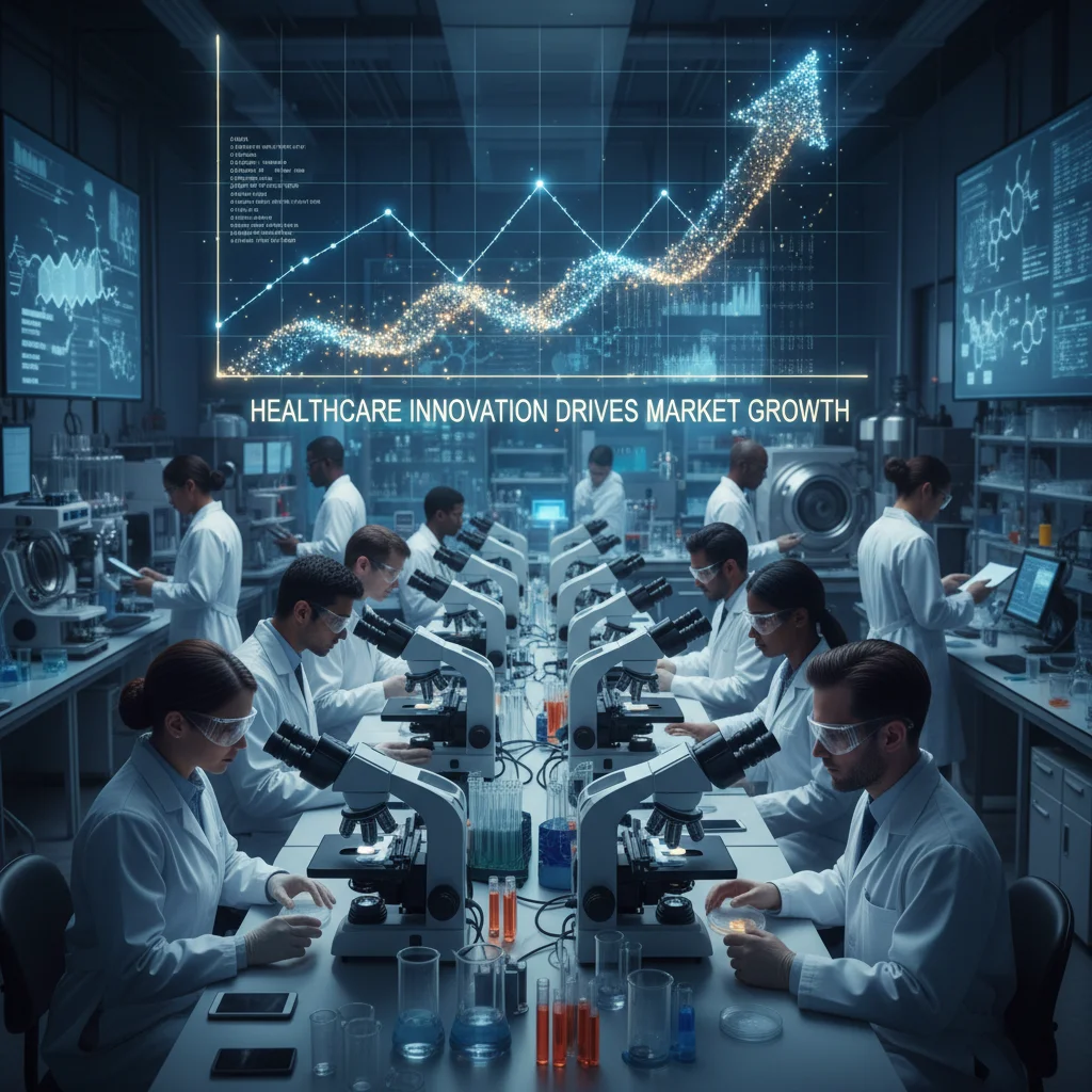 Scientists working in a modern laboratory, symbolizing innovation and growth in the healthcare and biotech sector.