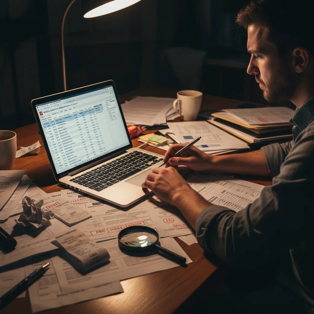 Person analyzing complex healthcare costs and insurance documentation for financial planning.