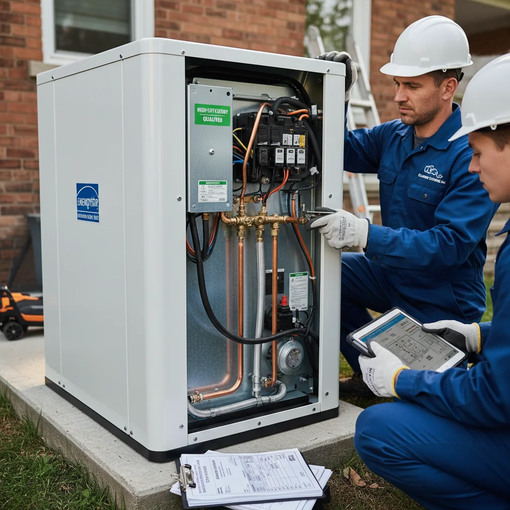 Certified technician installing a high-efficiency residential heat pump unit