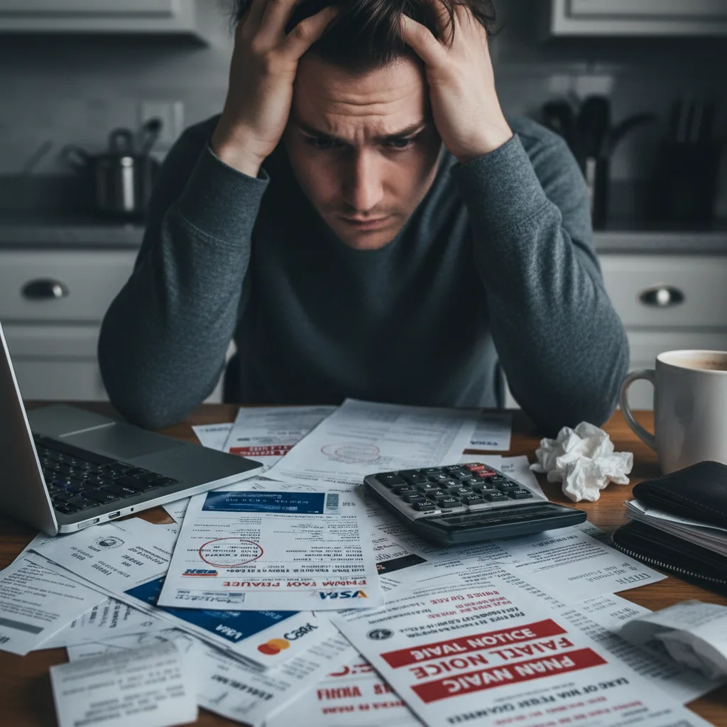 Individual reviewing high-interest credit card statements, symbolizing consumer debt burden and financial stress.