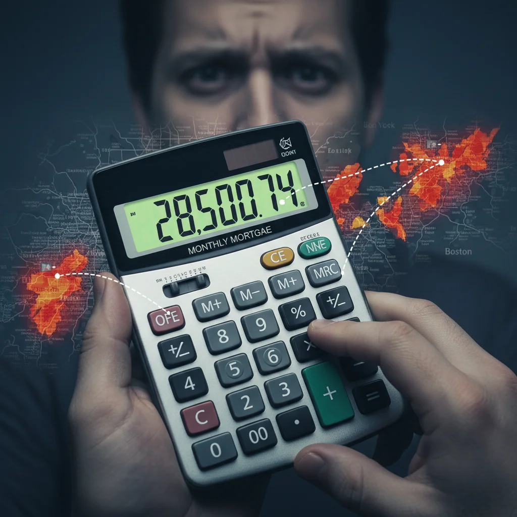 Mortgage payment calculation on a calculator showing high monthly cost, symbolizing the financial burden on new homeowners in high-cost metro areas.