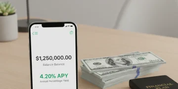 High-yield savings account screen displaying 4.20% APY rate with US currency stack