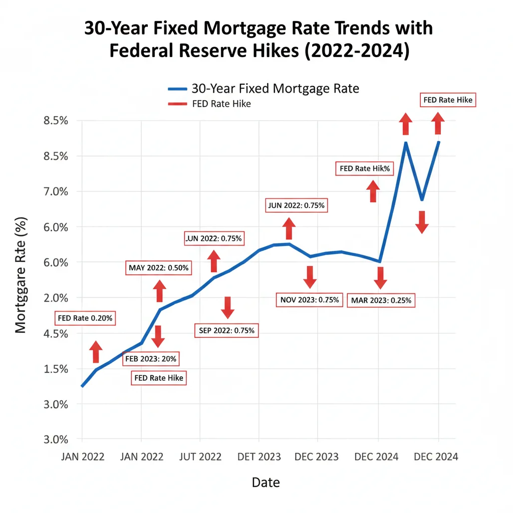 Historical chart showing the volatility of 30-year fixed mortgage rates and Federal Reserve policy correlation.