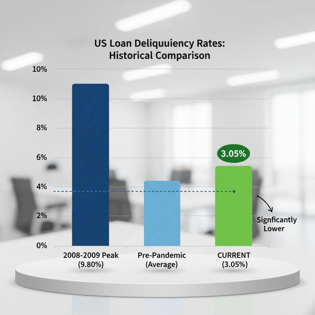 Comparison chart showing historical and current US credit card delinquency rates, highlighting the stable 3.05% figure.