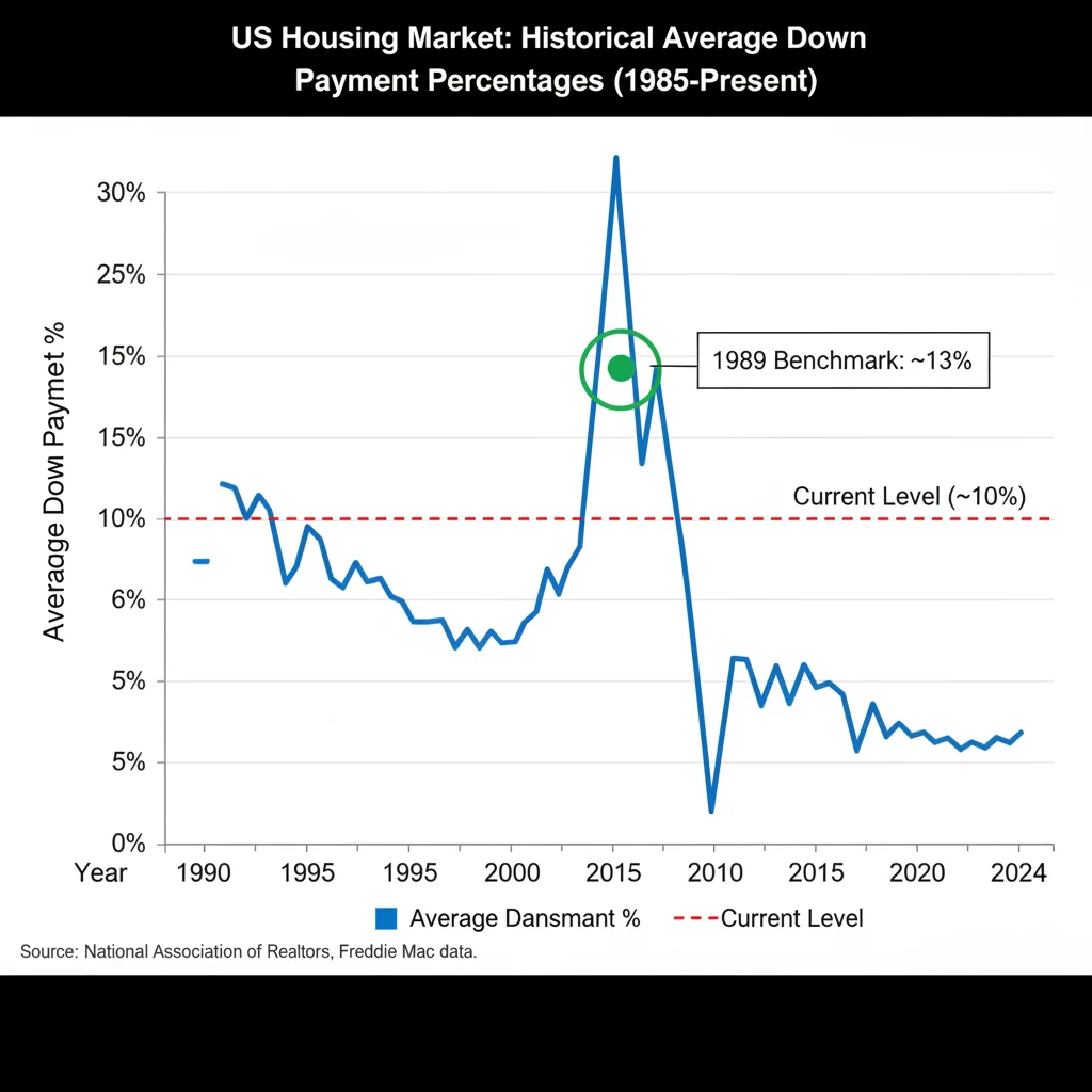 Historical chart showing US average down payment trends over four decades, emphasizing the return to 10% levels.