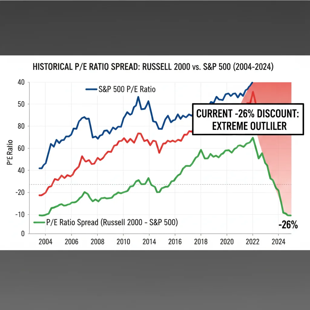 Historical chart showing the extreme P/E ratio spread between Russell 2000 and S&P 500 indices, emphasizing current small-cap undervaluation.