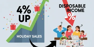 Chart showing 4% holiday sales growth forecast for 2025 contrasted with struggling lower-income consumer spending data.