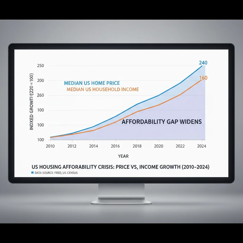 Chart showing the widening gap between US home prices and median income since 2010