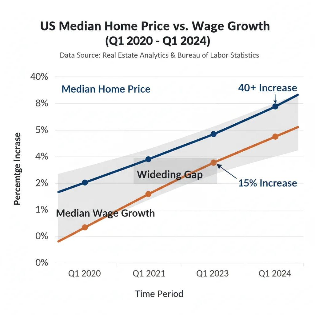 Chart illustrating the widening gap between US median home price appreciation and median wage growth since 2020.