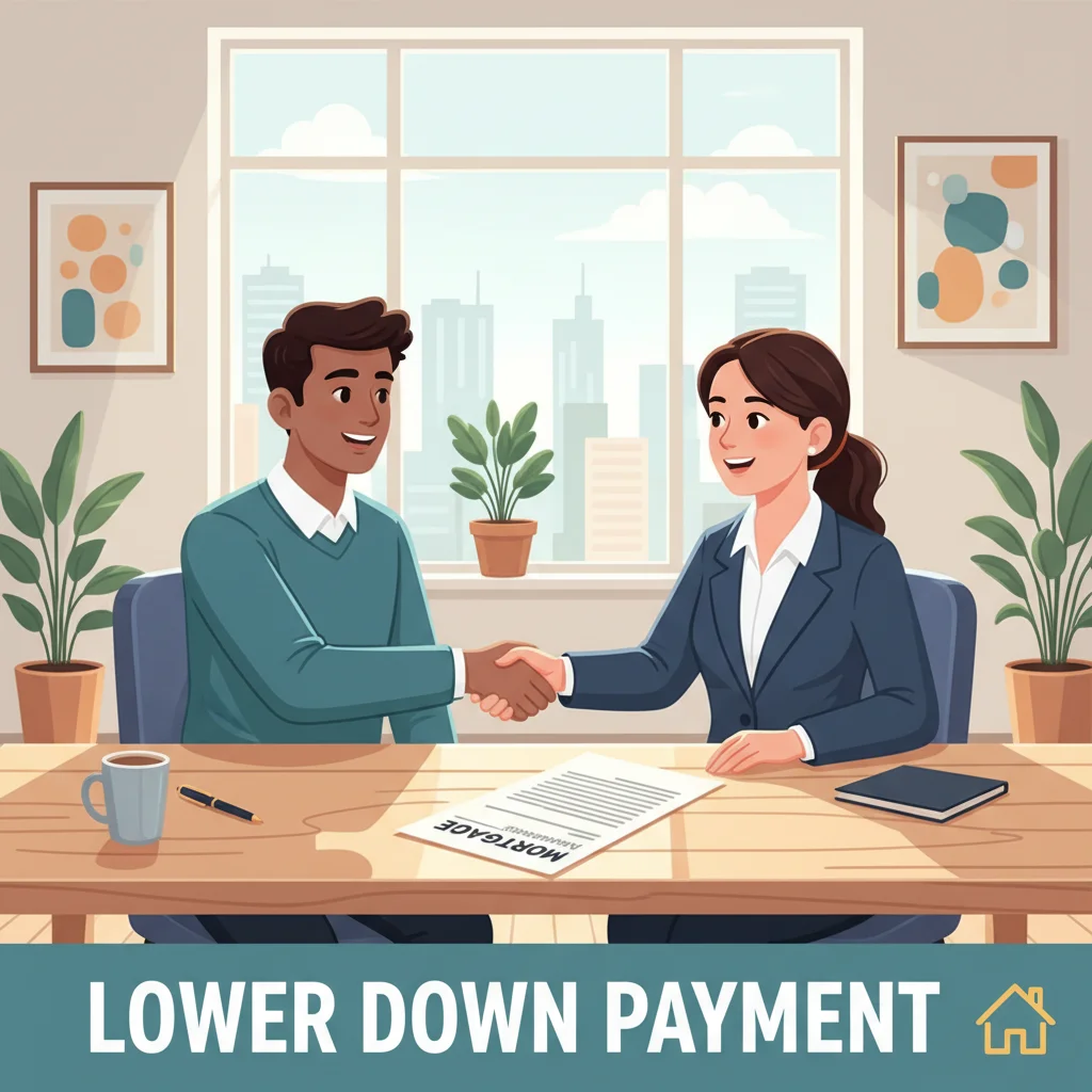 First-time homebuyers finalizing a mortgage with a loan officer using a reduced down payment option.