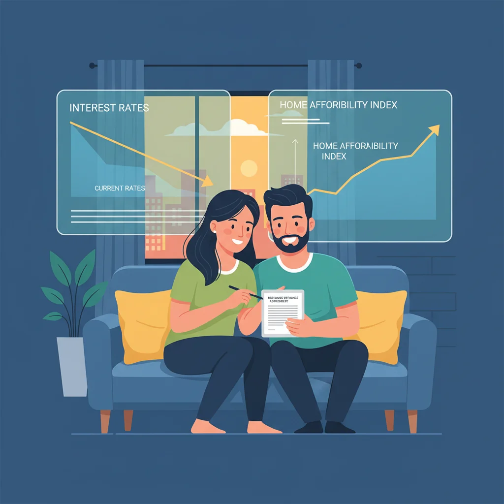 Homebuyers reviewing mortgage terms and anticipating lower interest rates.