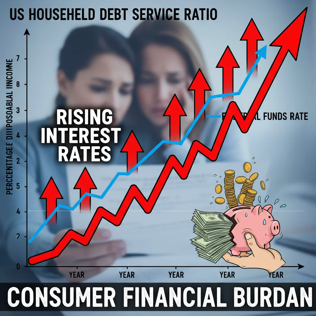 Chart illustrating rising US household debt service ratio amidst high interest rates.