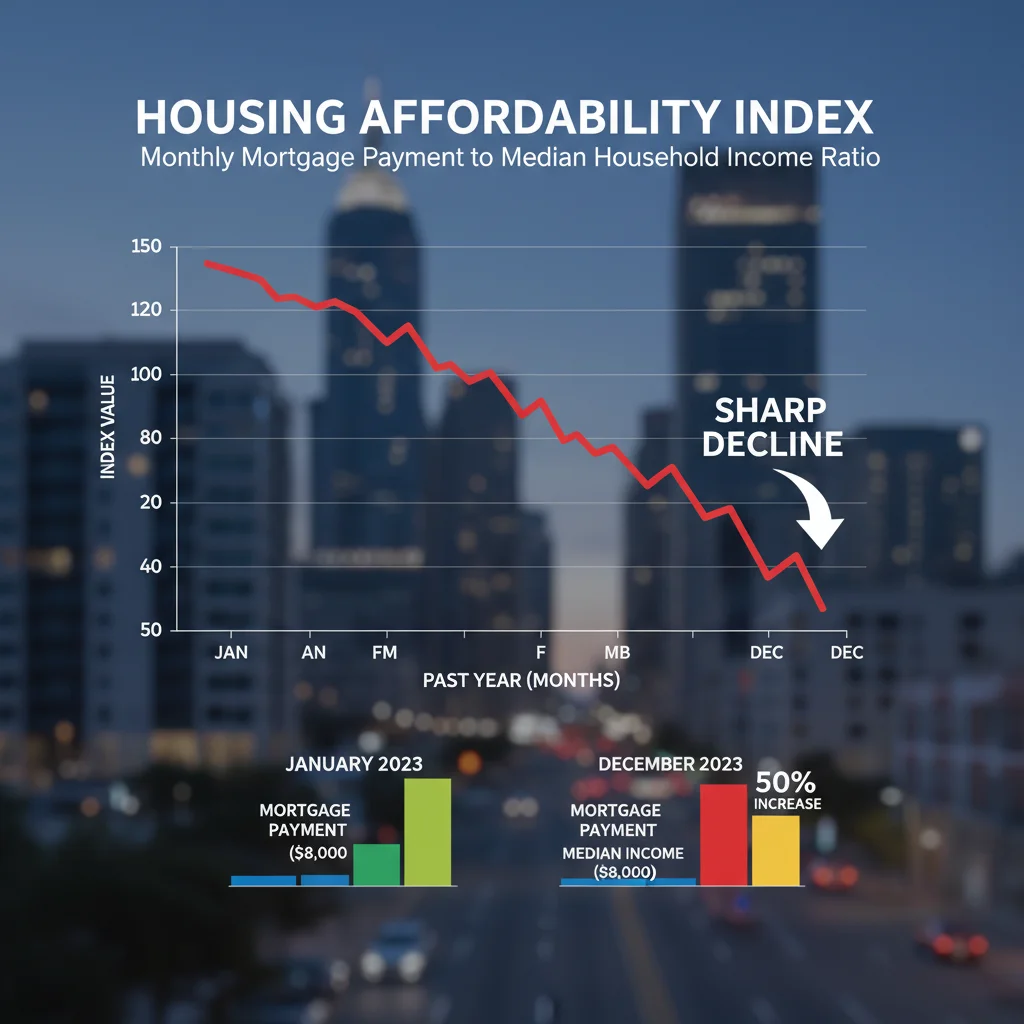Housing affordability index showing significant decline due to high interest rates and increased home prices.