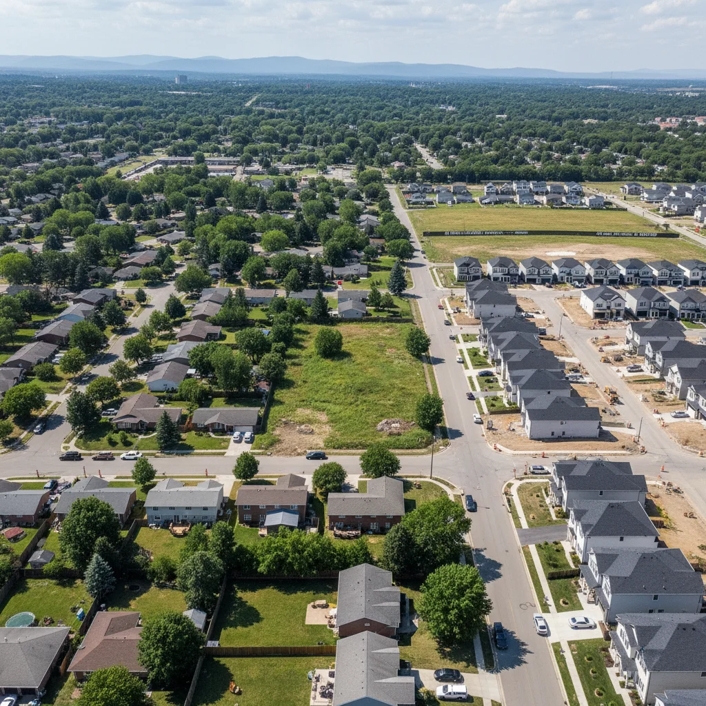 Aerial view of a mixed-inventory suburban area highlighting US housing supply constraints.