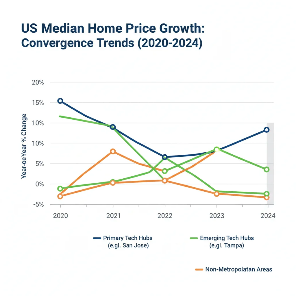 Chart showing convergence of housing price growth rates in primary and emerging US tech markets post-2020.