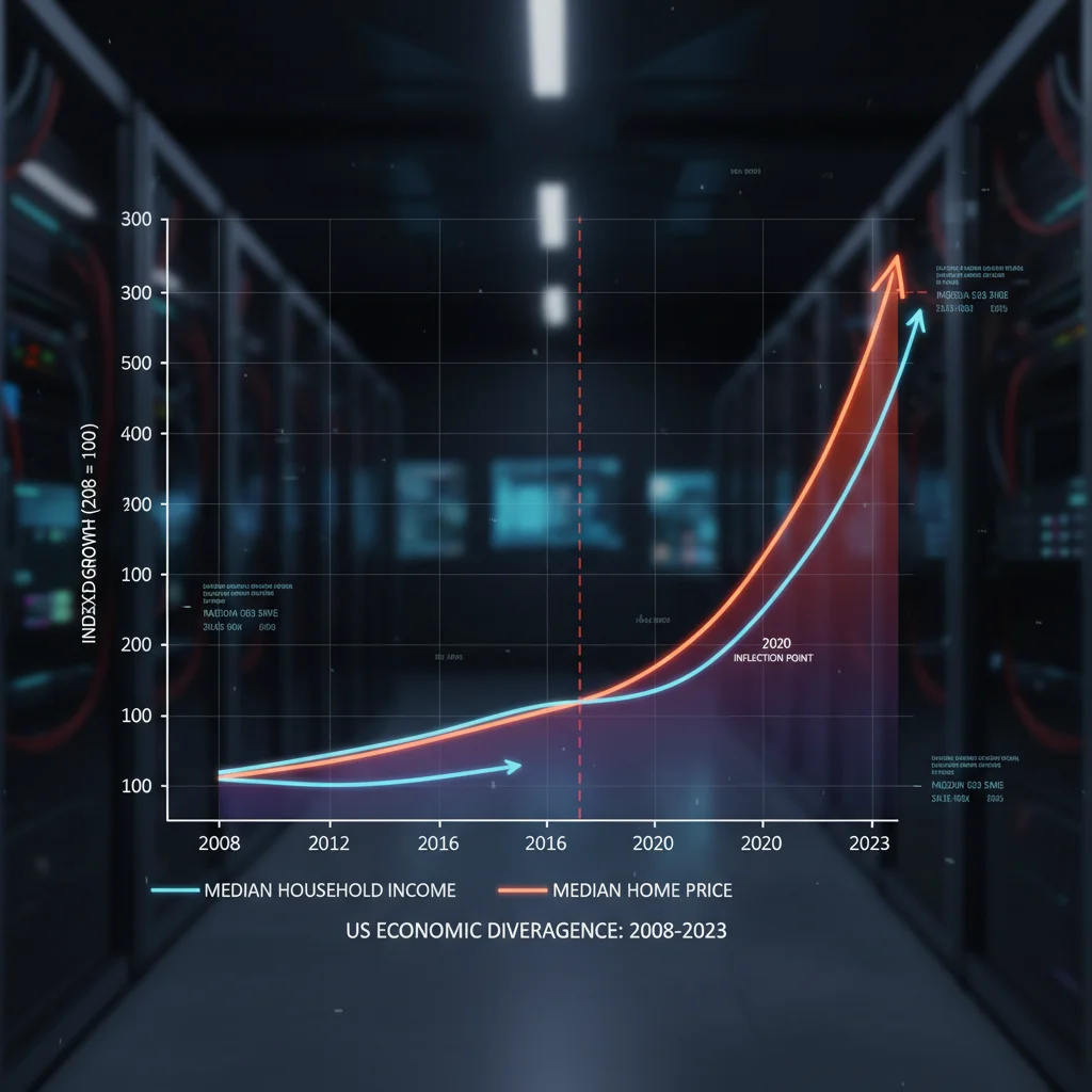 Chart illustrating the widening gap between US median home prices and median household income since 2010.