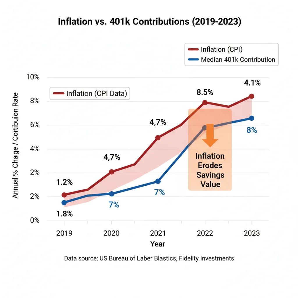 Chart comparing high inflation rates and stagnant 401k contribution levels in the United States.