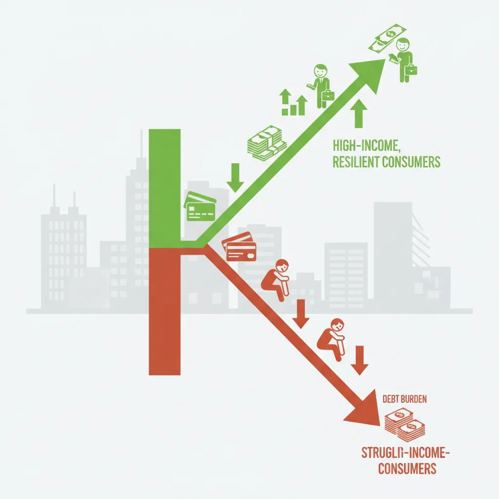 Diagram illustrating a K-shaped economic recovery, highlighting the divergence in financial health between high-income and low-income US consumers.