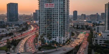 Downtown Los Angeles high-rise apartment building symbolizing high rental costs and urban housing density.