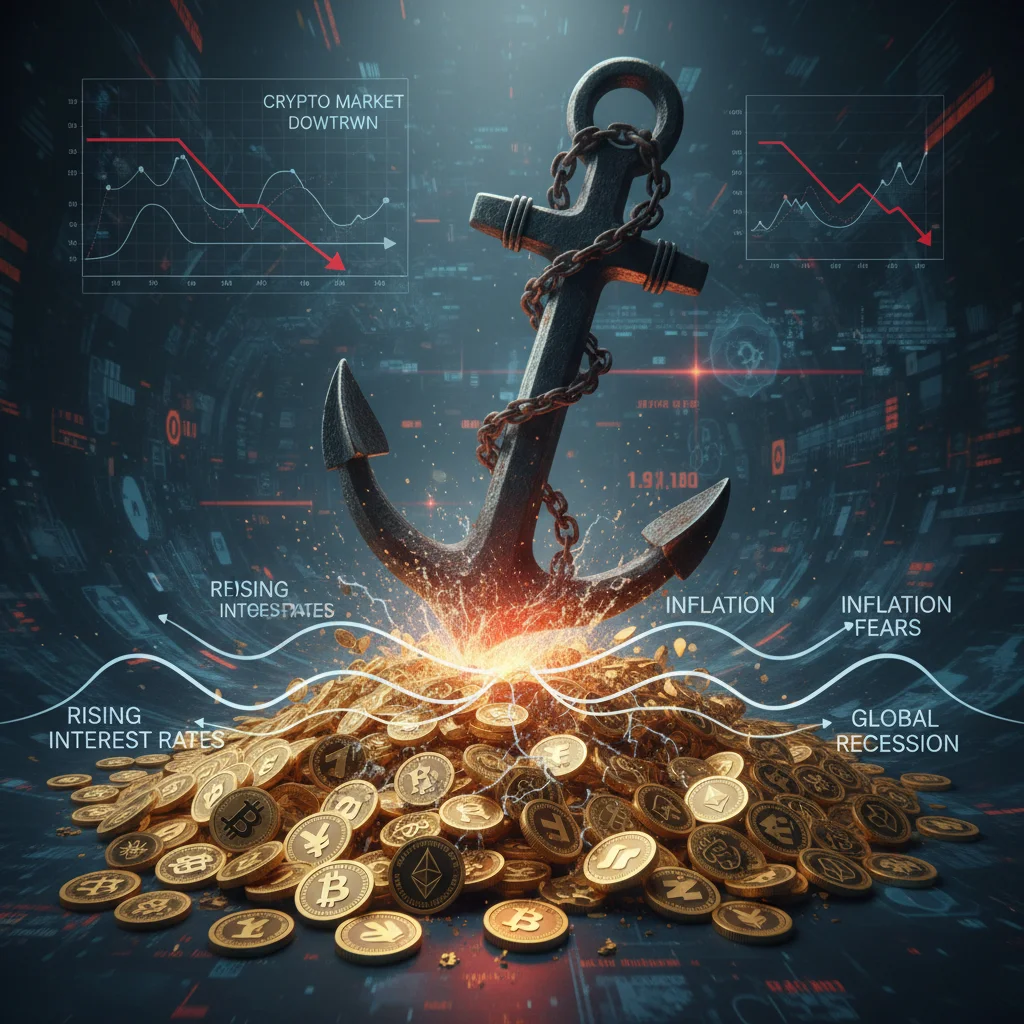 Macroeconomic forces weighing down the crypto market, symbolized by an anchor and digital coins.