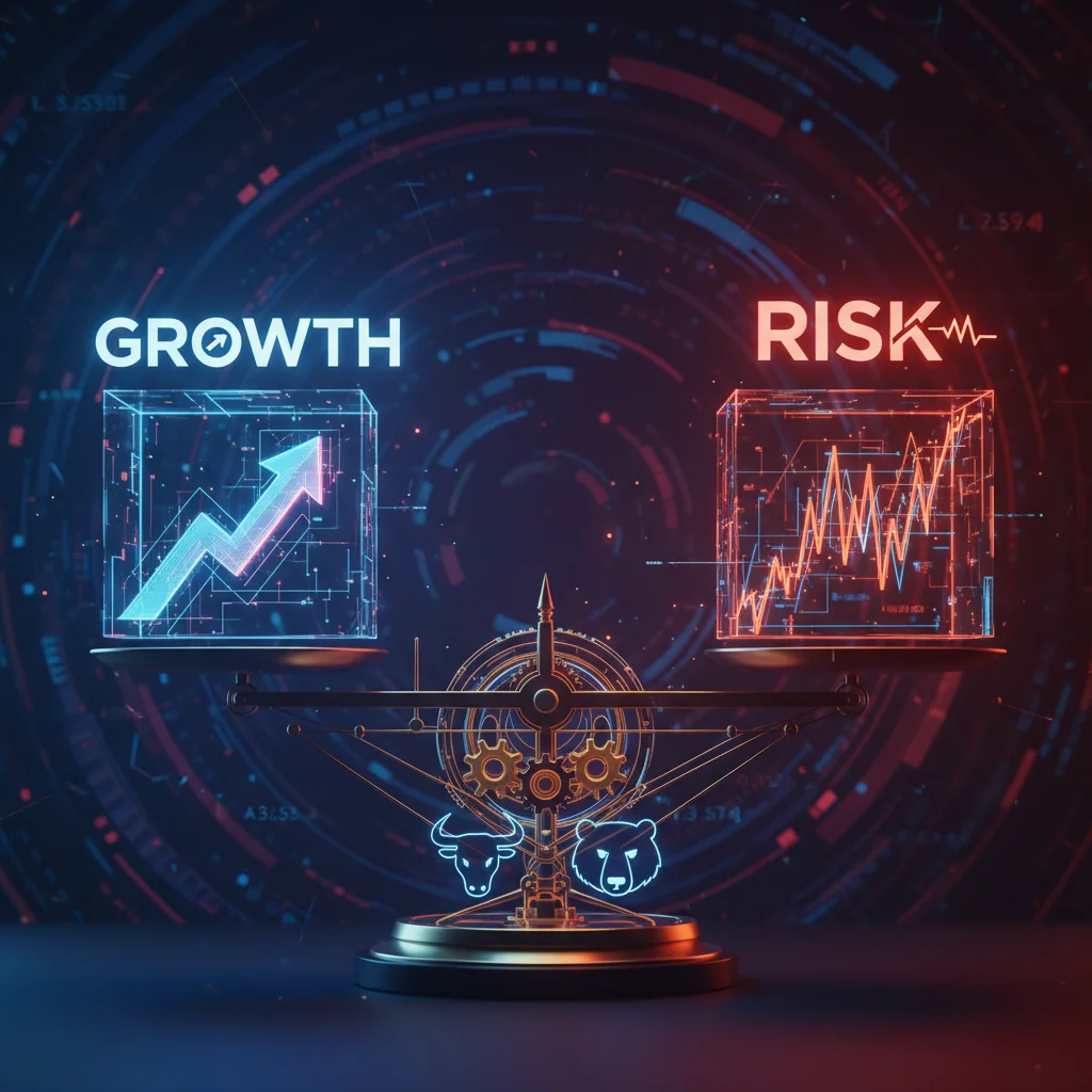 Conceptual image of a scale balancing market growth opportunities against systemic financial risks