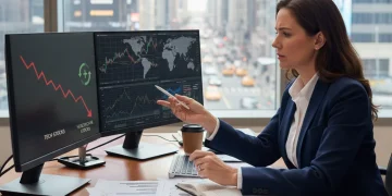 Financial analyst assessing market rotation from tech to healthcare stocks