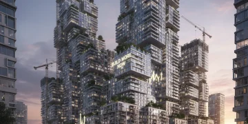 Modern multi-family housing complex construction addressing the US housing shortage