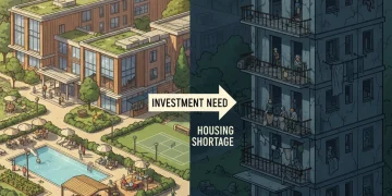 Modern senior living complex contrasting with inadequate older housing, illustrating the senior housing investment gap.