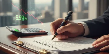 Financial professional analyzing mortgage documents with a 5.99 percent interest rate visible.