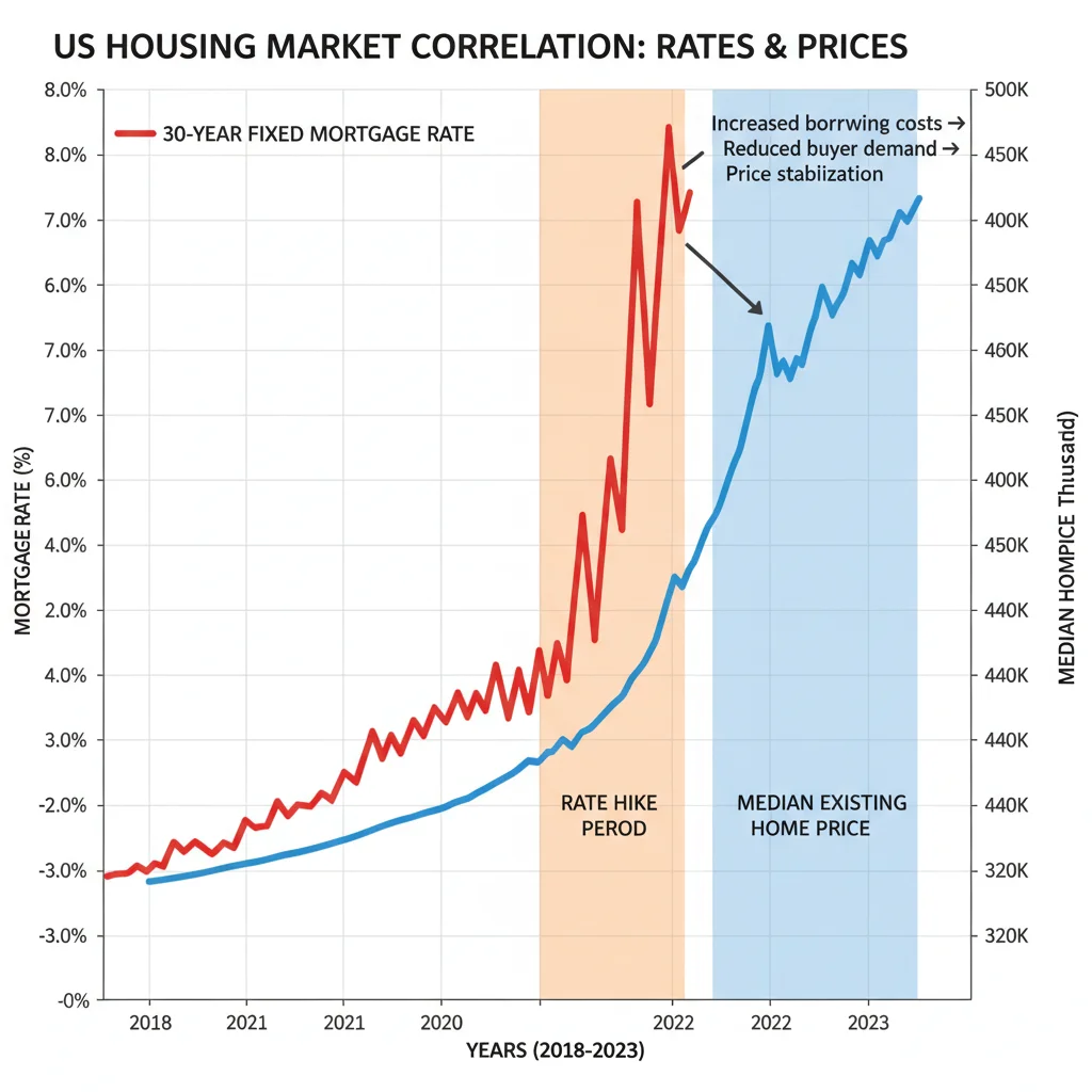 Chart comparing rising 30-year mortgage rates with stagnating median home prices in the US.