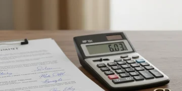 Financial calculator displaying interest rate next to mortgage documents, symbolizing refinancing decision.