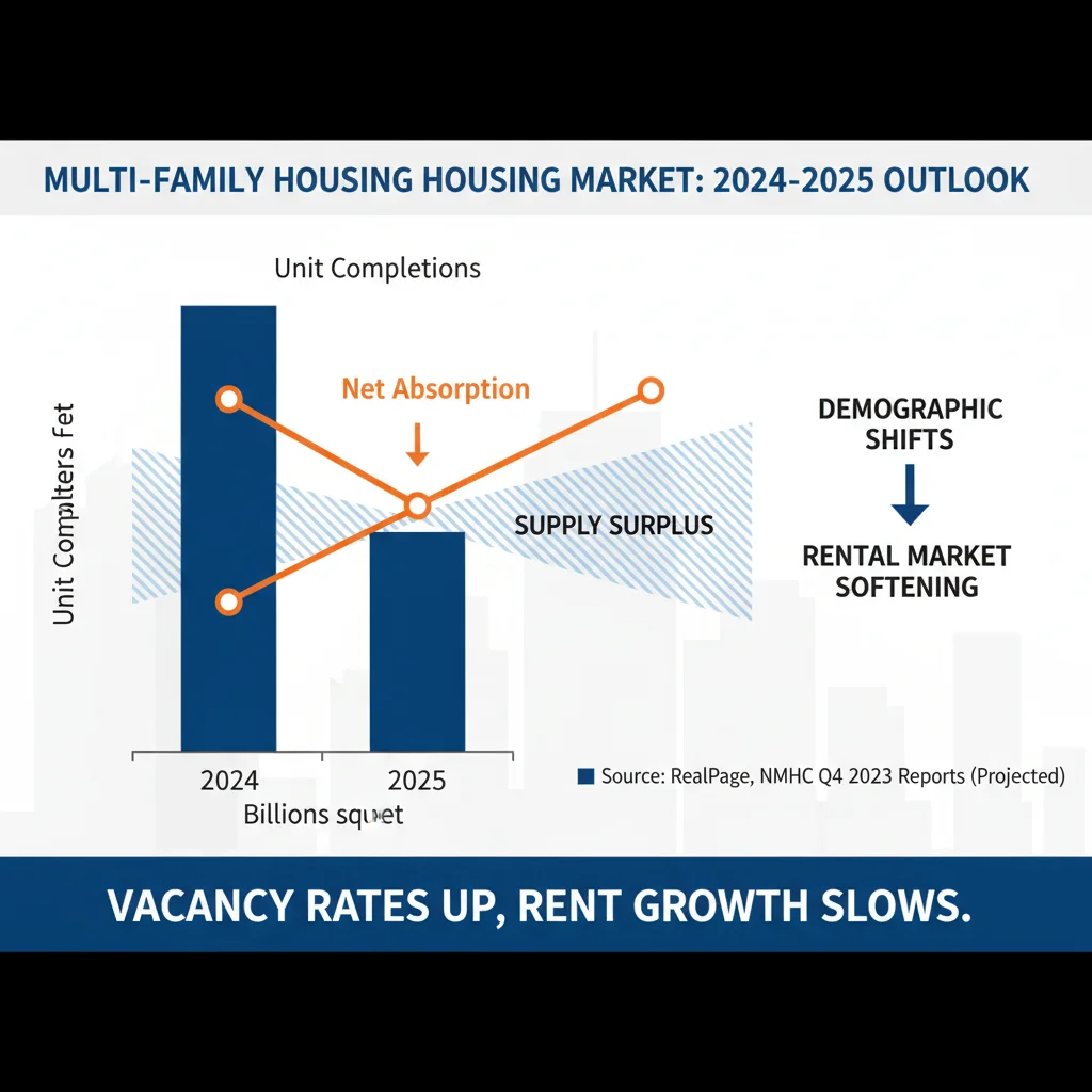 Comparison chart of multi-family housing supply growth versus net absorption rate 2024-2025.