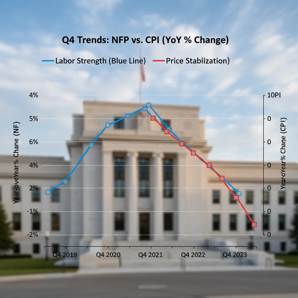 Comparison chart illustrating divergence between strong Non-Farm Payrolls and decelerating CPI in Q4.