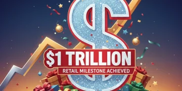 Graphic depicting $1 trillion in holiday sales with upward trend arrows and retail symbols.