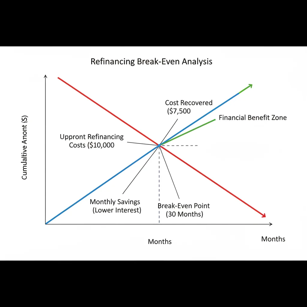 Visual representation of the break-even point calculation for mortgage refinancing costs and savings