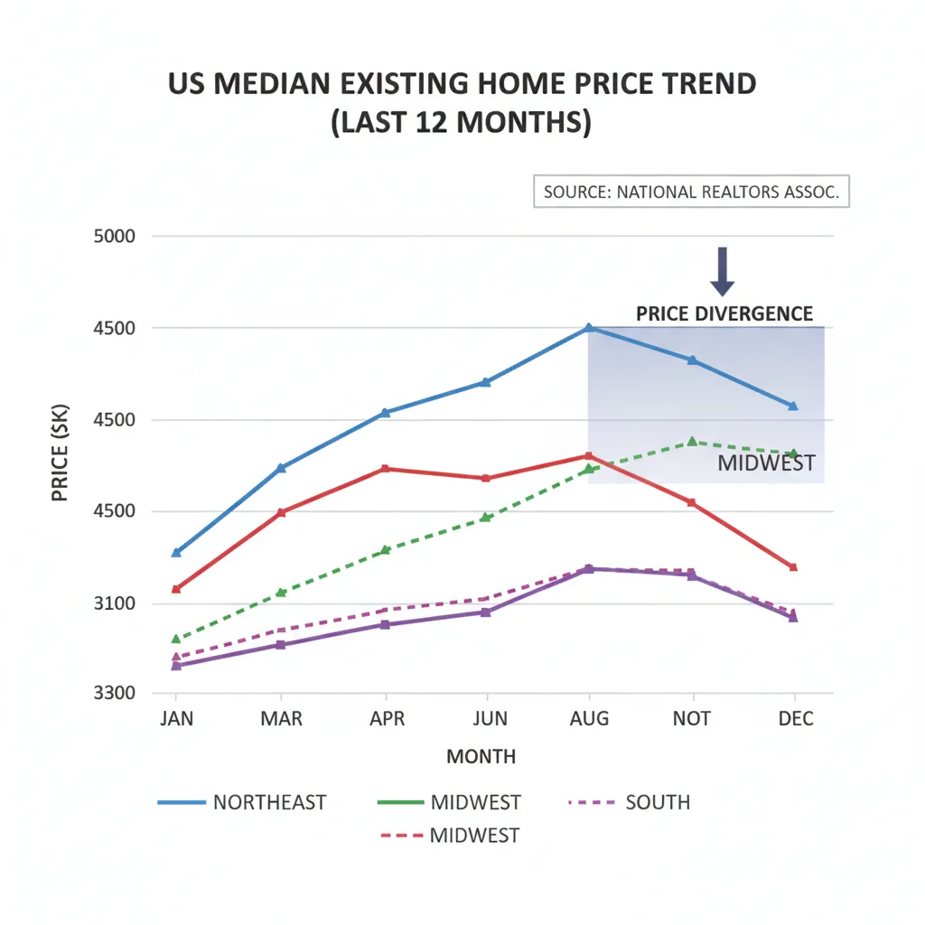 Regional divergence in US median existing home price trends over the past year.