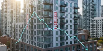 Graph showing downward trend in rental costs, symbolizing rent deceleration and potential Fed relief.