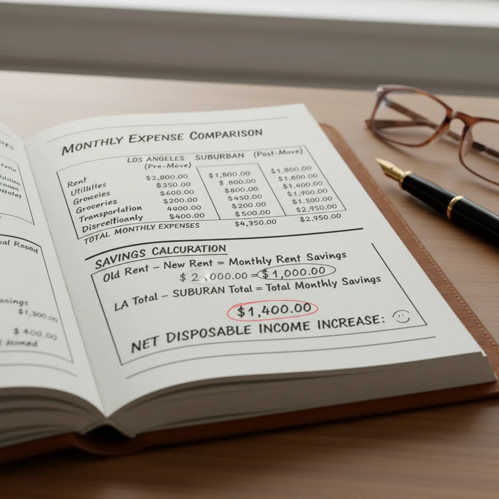 Financial analysis spreadsheet comparing monthly rent costs and calculating disposable income gains from relocating outside the Los Angeles core.