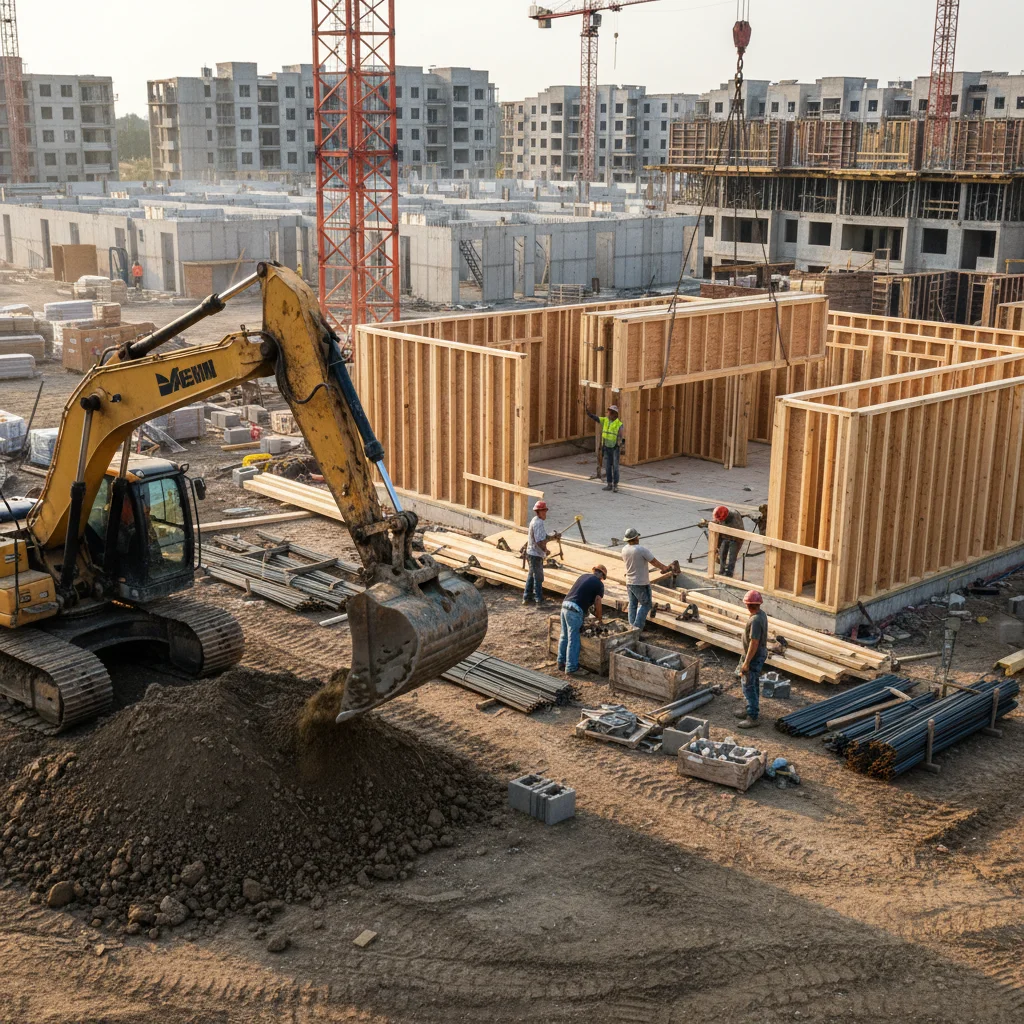 Construction workers framing a new residential building, highlighting labor market constraints in housing supply