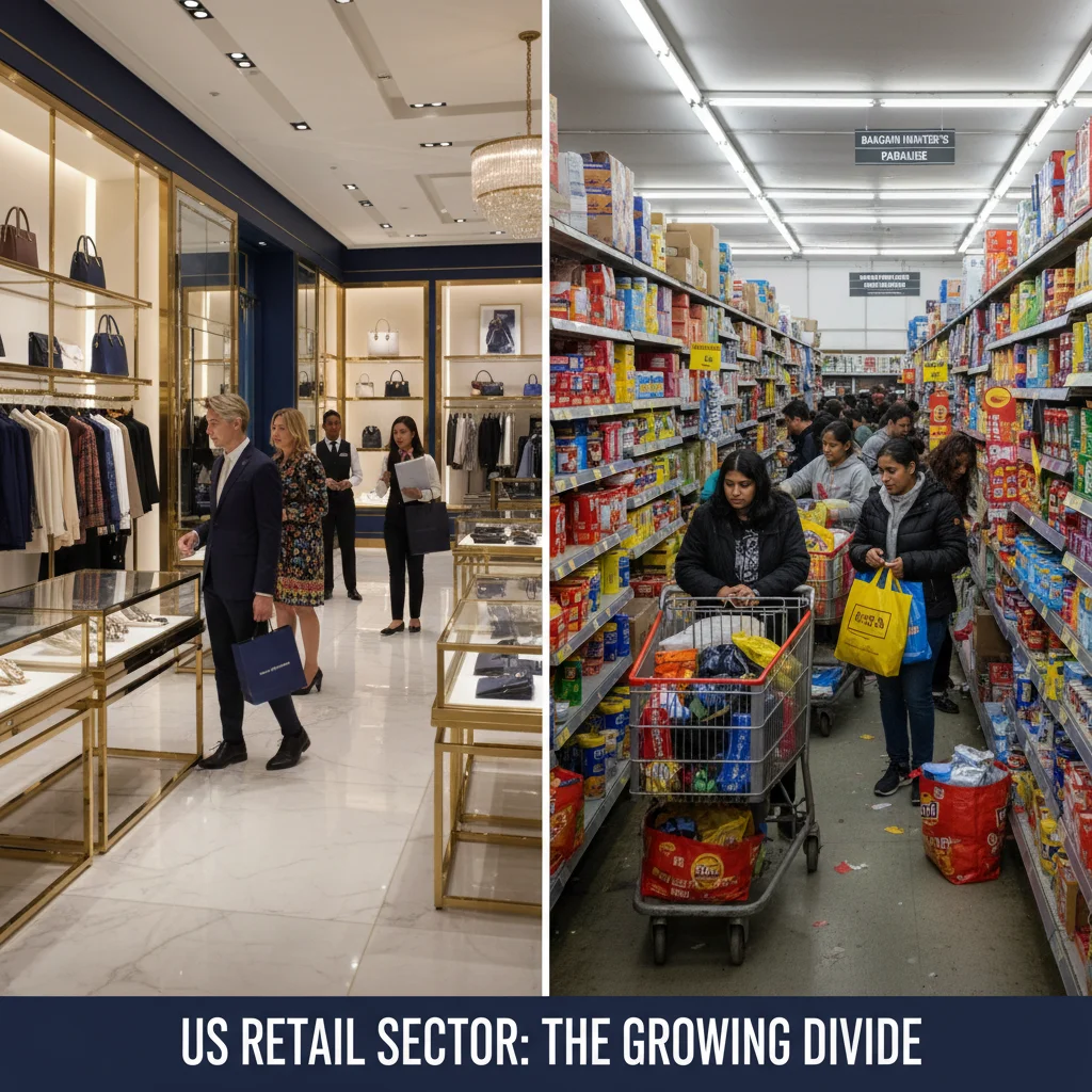 Bifurcation of retail spending showing luxury store versus discount store, reflecting economic disparity.
