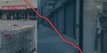 Graph showing retail sales growth decline amidst empty shopping carts