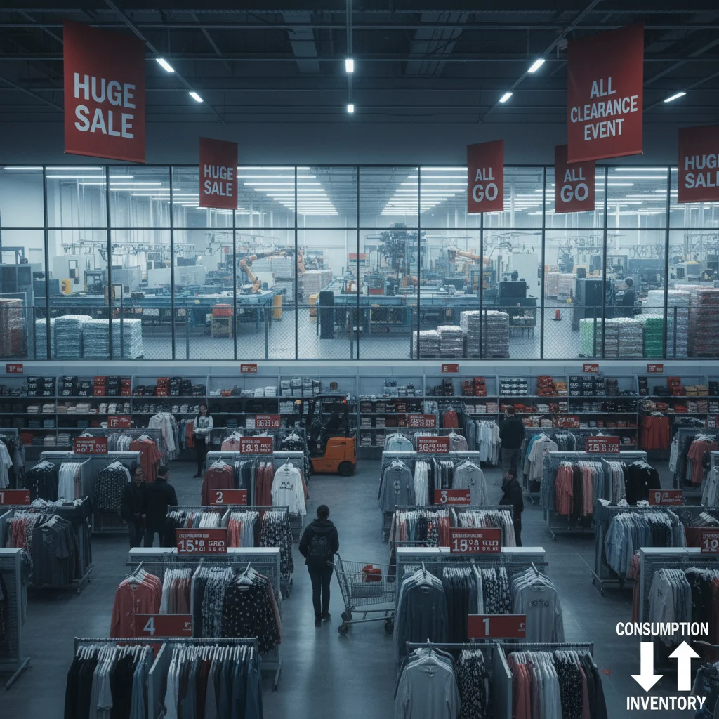 Quiet retail store with heavy discounts, reflecting lower consumer demand and inventory buildup.