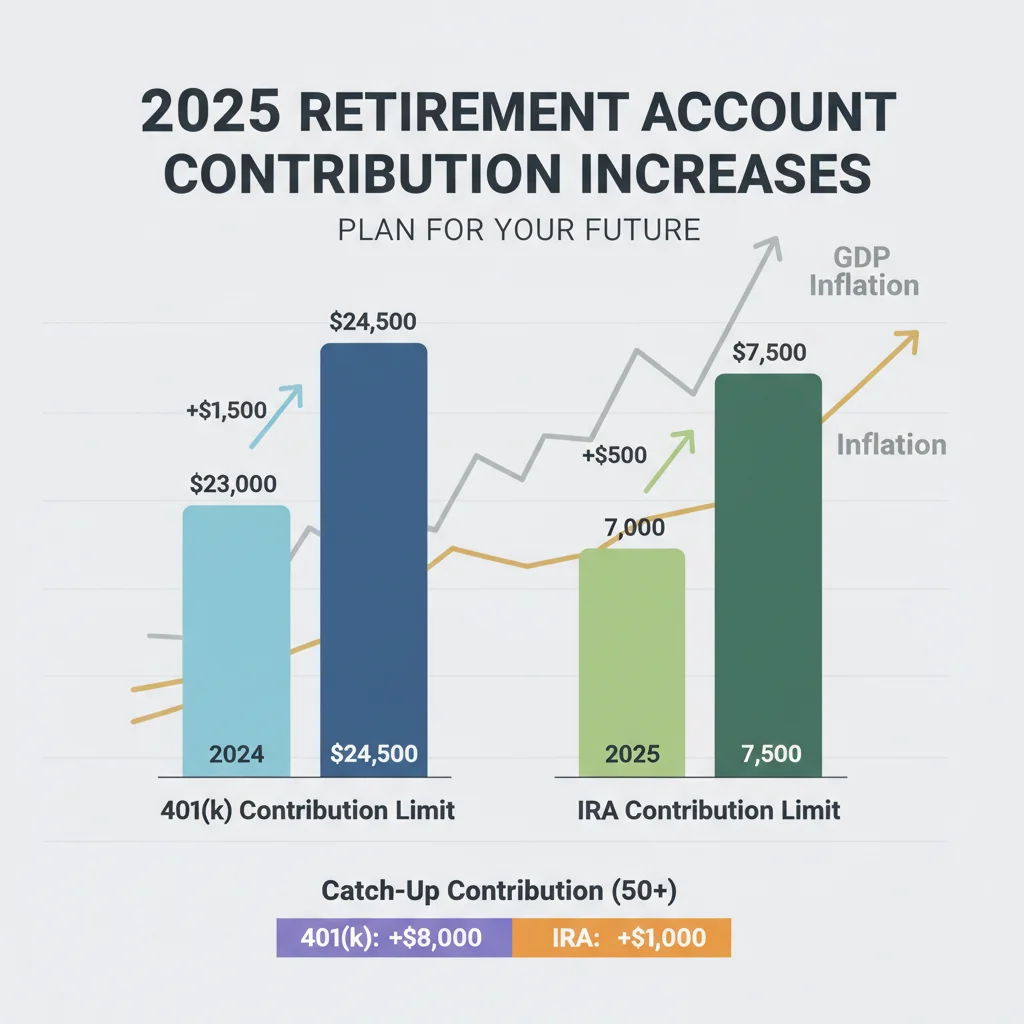 Diagram showing increased 2025 retirement contribution limits for tax-advantaged savings.