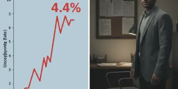 Graph showing rising unemployment rate alongside an image of a person searching for jobs, symbolizing labor market slowdown.