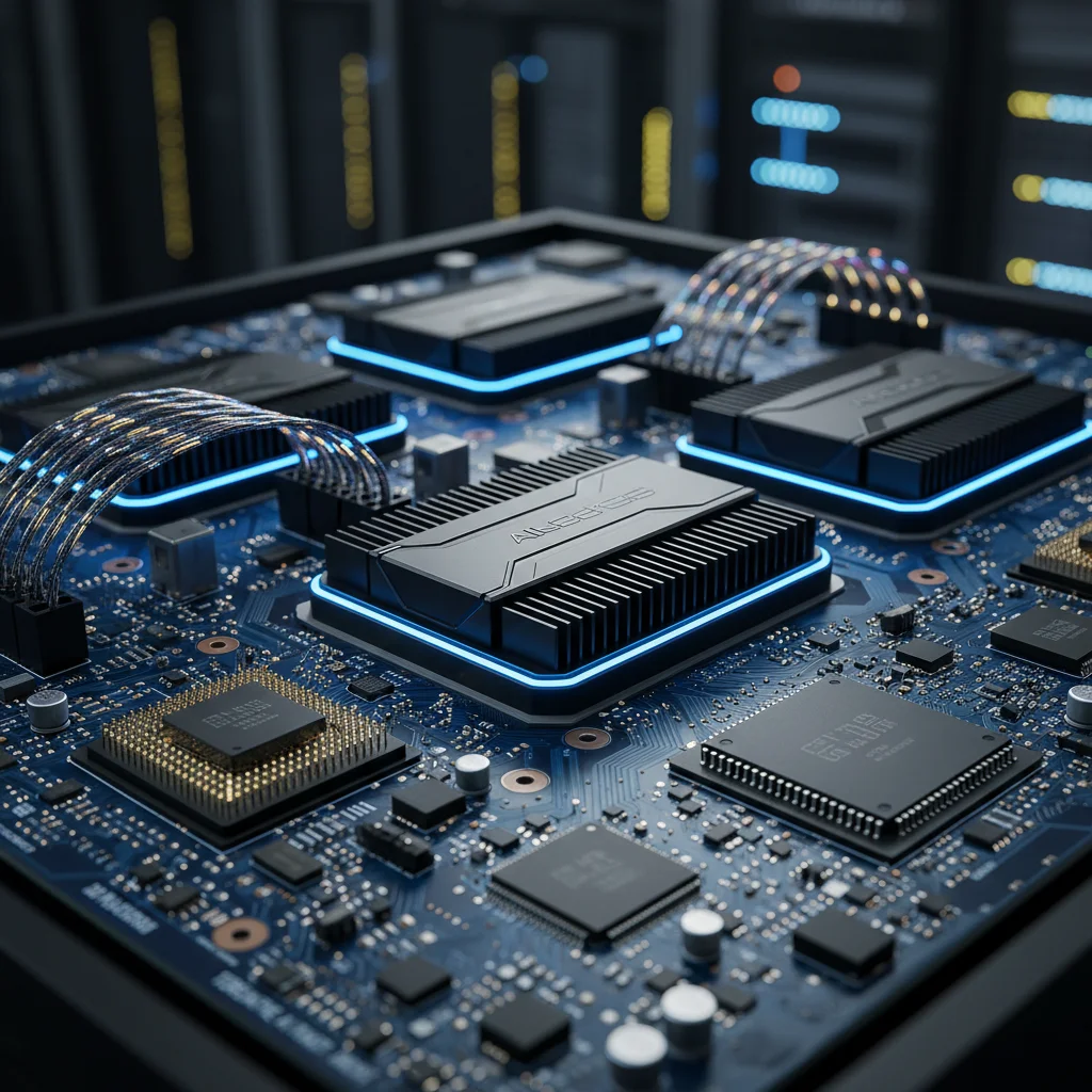 Advanced GPU chips powering AI data centers, illustrating the critical role of semiconductor infrastructure in the AI investment boom.